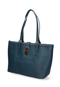 Borsa tote in pelle turchese con finitura testurizzata, doppio manico e una chiusura superiore accentuata da una fibbia in tonalità oro.