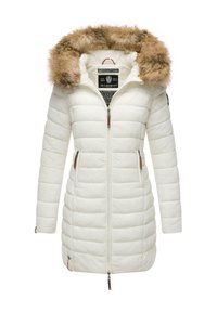 White puffer jacket with a fur-lined hood, vertical quilting, side pockets, and zipper features in brown accents. Brand label visible inside.