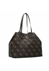 Borsa a tracolla nera con motivo del logo color tan, materiale simile alla pelle, due manici e un accento del logo in metallo sul davanti.