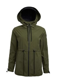 Veste à capuche vert foncé avec fermeture éclair frontale, cordons ajustables à la taille et à la capuche, et doublure intérieure noire.