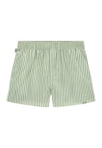 Pantaloni scurți cu dungi verzi și albe, cu un talie elastică. Material ușor, design casual și un eticheta mică pe partea stângă.