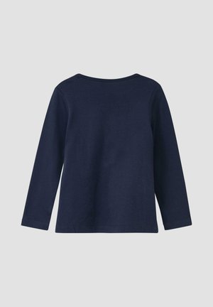 Chemise à manches longues bleu marine avec un col rond. Fabriquée en coton doux, elle présente un design simple sans motifs ni accents visibles.