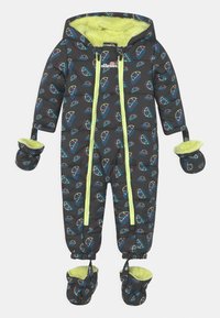 Wypełniony jednolitnik z czarną bazą, kolorowymi geometrycznymi wzorami, jasną zieloną podszewką oraz dopasowanymi rękawiczkami i bucikami.