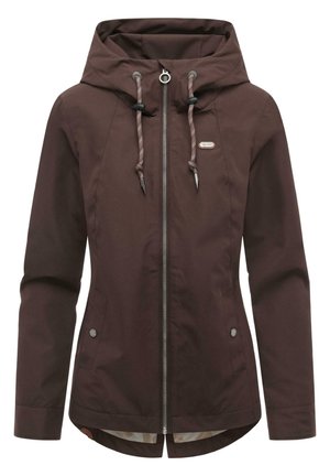 Braune Kapuzenjacke mit Frontreißverschluss, Kordelzug mit schwarzen Stoppern, zwei vorderen Taschen mit Knöpfen und kleinem Logo auf der Brust.