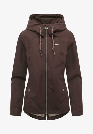 Bruine capuchonjas met ritssluiting aan de voorkant, trekkoord met zwarte knoppen, twee voorzakken met knopen en een klein logo op de borst.