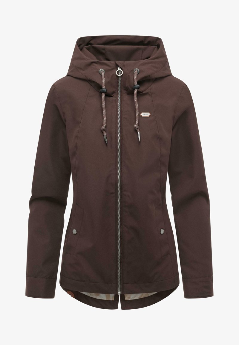 Braune Kapuzenjacke mit Frontreißverschluss, Kordelzug mit schwarzen Stoppern, zwei vorderen Taschen mit Knöpfen und kleinem Logo auf der Brust.