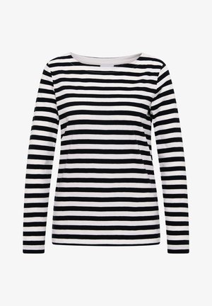 Chemise à manches longues noir et blanc rayée, avec un col large et une coupe décontractée, fabriquée en tissu de coton doux.