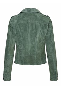 Grüne Wildlederjacke mit figurbetonter Silhouette, detaillierten Nähten und geknöpften Manschetten. Sie verfügt über einen klassischen Kragen und ein Rückenpasse-Design.