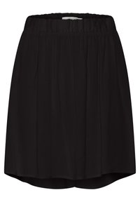 Jupe noire longueur genou avec taille élastique et légers fronces pour une coupe ample, présentée sur fond blanc.