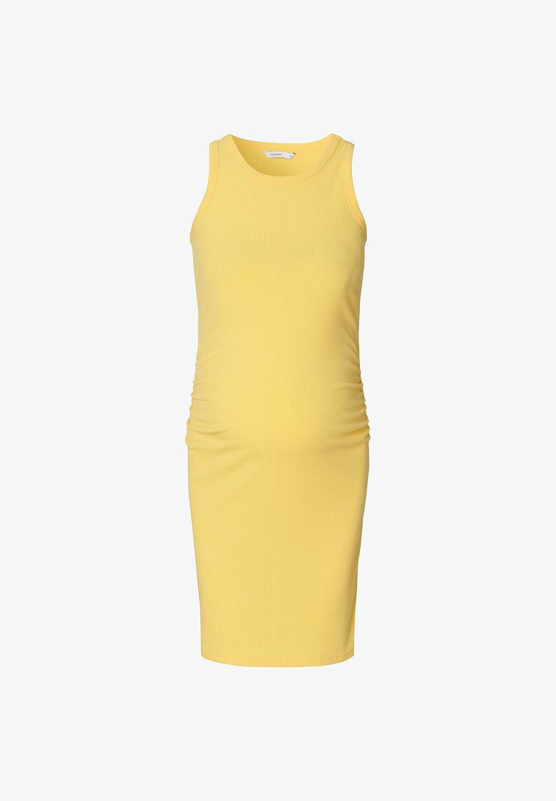 Ärmlös gul ribbad midiklänning med rund halsringning och sidofållning, designad för graviditet.