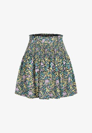 Floral skirt featuring a black background with yellow, blue, and purple flowers. Smocked waist, flared design, and lightweight fabric.