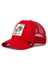 Casquette rouge à dos en mesh avec un panneau avant uni mettant en avant un design de coq brodé. Comprend une visière incurvée et une étiquette d'accent noir.