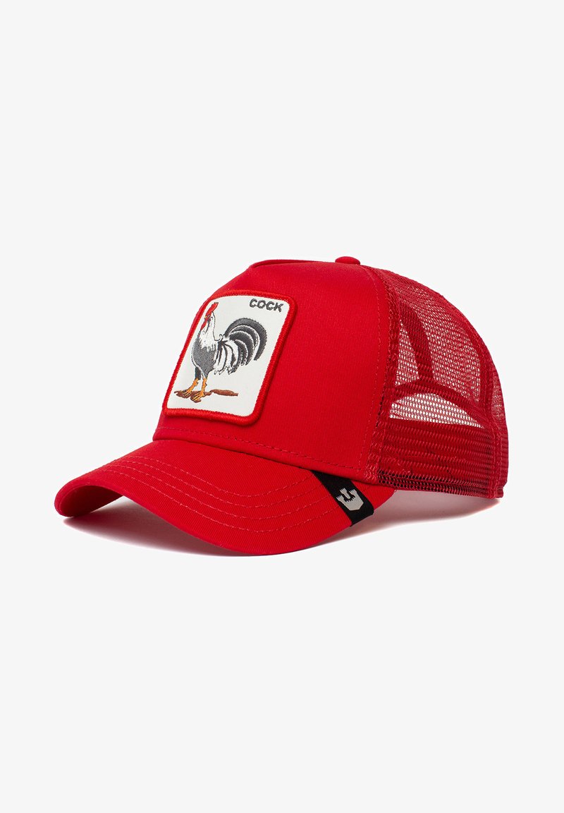 Red mesh-back cap with a solid front panel featuring an embroidered rooster design. Includes a curved visor and a black accent tag.