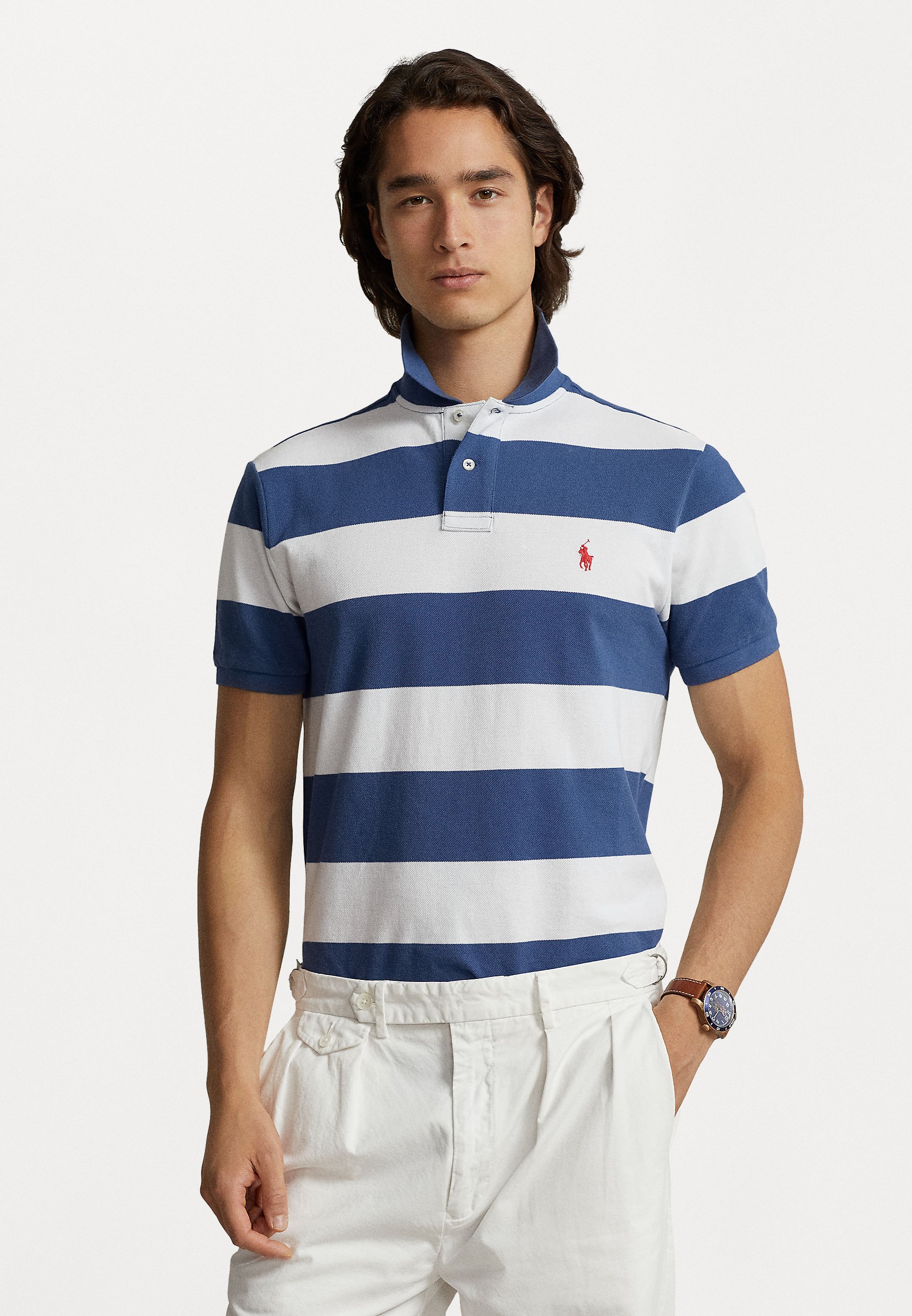 royal blue and white striped polo shirt