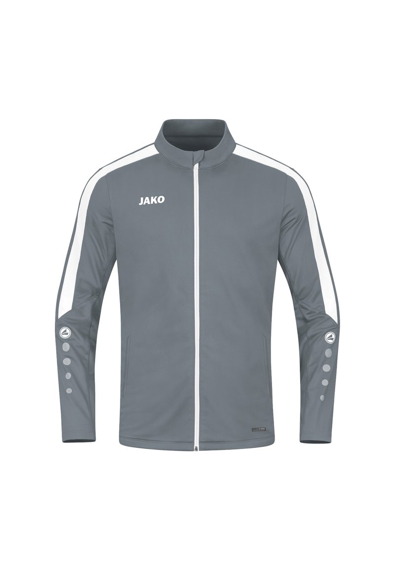 Graue Sportjacke mit weißen Seitenstreifen, hohem Kragen, durchgehendem Reißverschluss und runden Logo-Akzenten an den Ärmeln. Leicht und mit glatter Textur.