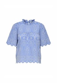 Blusa azzurro chiaro con maniche corte e scallopate. Ricamo ad occhiello con dettagli floreali. Collo alto con rifinitura arricciata.