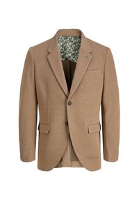 Brauner gewebter Blazer mit Reverskragen, zwei vorderen Taschen und einem blumigen Innenfutter. Verfügt über einen einzelnen Knopfverschluss und einen strukturierten Stoff.