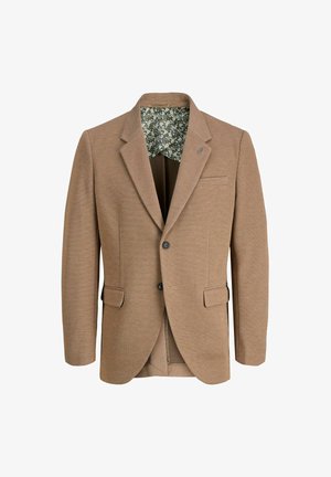Blazer marrone tessuto intrecciato con rever a punta, due tasche frontali e fodera a motivo floreale. Presenta una chiusura con un bottone e tessuto testurizzato.