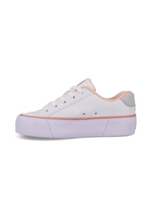 White sneaker with a platform sole, rounded toe, and pink accents on the collar and side. Features white laces and minimal detailing.