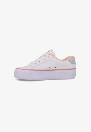 Valge platvormiga sneaker, ümarate varvaste ja roosade aktsentidega kaeluses ja külgedel. Omab valgeid paelu ja minimaalset detaili.