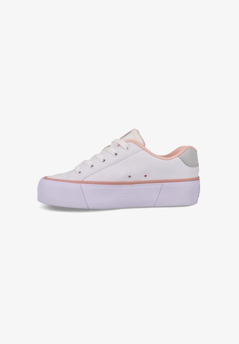 Valkoiset sneakerit, joissa on korkea pohja, pyöreä kärki ja vaaleanpunaiset yksityiskohdat kauluksessa ja kyljessä. Varustettu valkoisilla nauhoilla ja vähäisellä yksityiskohtauksella.