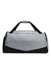 Sac de sport gris et noir en tissu durable, avec une texture lisse, une fermeture éclaire et deux poignées robustes pour le transport.