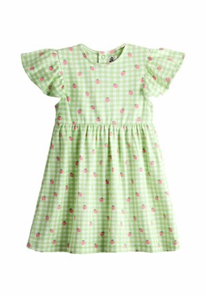 Sukienka w zielono-białą kratę z bufkami i różowym nadrukiem truskawek na całej powierzchni, zaprojektowana dla maluszka.