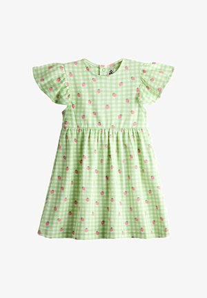 Grünes und weißes Vichy-Kleid mit Puffärmeln und durchgehendem rosa Erdbeerprint, entworfen für ein Kleinkind.