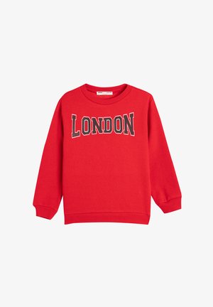 Sudadera de algodón roja con el texto "LONDRES" en letras en negrita negras y blancas en la parte delantera, con puños y escote de canalé.