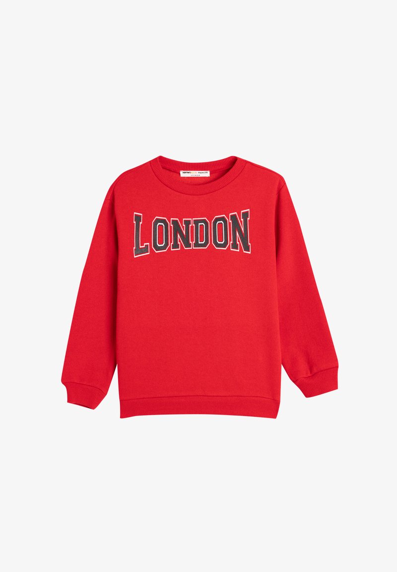 Sudadera de algodón roja con el texto "LONDRES" en letras en negrita negras y blancas en la parte delantera, con puños y escote de canalé.