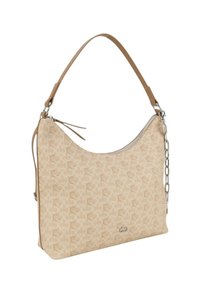 Beige skuldertaske i tekstureret materiale med et mønster af sammenflettede former, en glat læderhåndtag og sølv kæde accent.