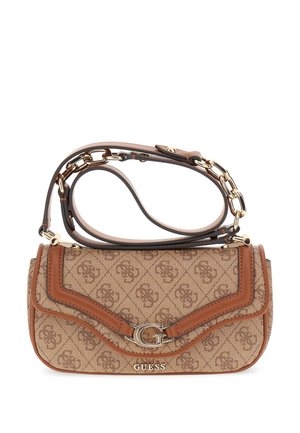 Borsa a tracolla marrone con un motivo a stampa, accentuata da dettagli in pelle beige e un logo dorato. Presenta una tracolla staccabile.