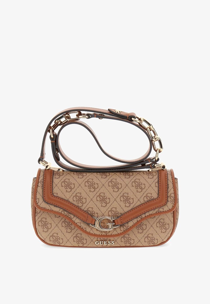 Borsa a tracolla marrone con un motivo a stampa, accentuata da dettagli in pelle beige e un logo dorato. Presenta una tracolla staccabile.