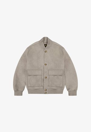 Grå uld-blandet bomberjakke med rund halsudskæring, guldknaplukning, to forlommer og ribbede manchetter. Blød tekstur og afslappet pasform.