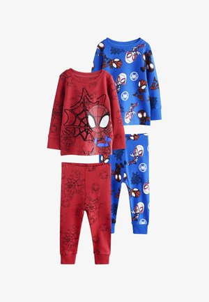 Dva kompleta dječjih Spider-Man pidžama, jedan crveni s velikim Spider-Man licem i dizajnom mreže, drugi plavi s više Spider-Man likova i logotipa.