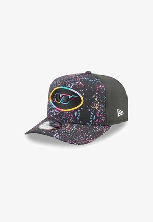 Black baseball cap with colorful splatter pattern, embroidered "NY" logo in turquoise and yellow, solid black mesh panel at the back.