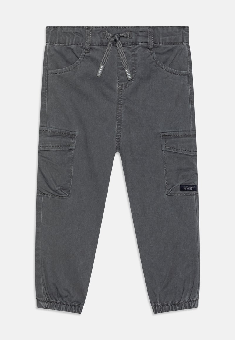 Pantalon cargo pour enfants gris foncé avec taille et poignets élastiques, poches avant et poches latérales à rabat.