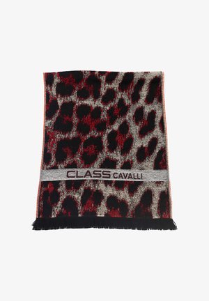 Écharpe imprimé léopard en noir, rouge et beige avec une bande de texte "CLASS CAVALLI" et une frange noire sur un bord.