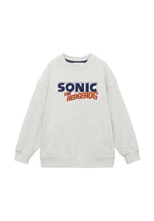 Felpa grigia chiara con la scritta "SONIC THE HEDGEHOG" in blu e arancione. Collo rotondo, maniche lunghe e tasche laterali. Materiale misto cotone.
