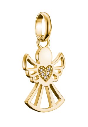 Goldener Engelsanhänger mit ausgeschnittenen Flügeln und Körper, ein Herz in der Mitte mit glänzenden Edelsteinen besetzt. Glatte, polierte Oberfläche.