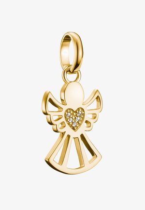 Goldener Engelsanhänger mit ausgeschnittenen Flügeln und Körper, ein Herz in der Mitte mit glänzenden Edelsteinen besetzt. Glatte, polierte Oberfläche.
