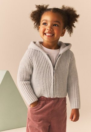 Un hoodie gris en tricot côtelé avec une fermeture éclair à l'avant et une capuche surdimensionnée, associé à un pantalon en velours côtelé rose texturé. Tissu lisse et doux.