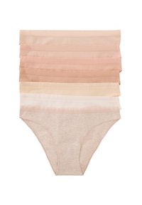 Set van negen paar damesonderbroeken in verschillende nude tinten. Gemaakt van zachte stof, met elastische taillebanden en een naadloos ontwerp.