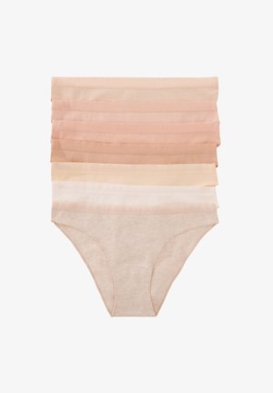 Set di nove paia di mutande femminili in diverse tonalità di nude. Realizzate in tessuto morbido, con vita elastica e design senza cuciture.