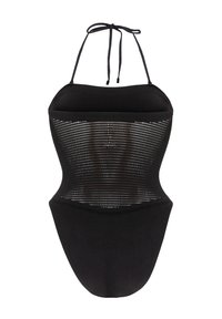 Maillot de bain une pièce noir avec un design de dos en maille, des liens à cou réglable, et un tissu lisse à l'avant, présentant une silhouette ajustée.