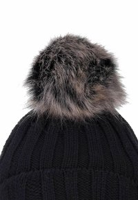 Knitted black beanie with a ribbed pattern and a large, soft faux fur pom-pom in shades of gray and brown on top.