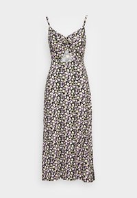 Kukallinen maksimekko mustalla taustalla, jossa on pieniä purppuran ja keltaisen kukkia, väännetty yläosa ja leikkauksen yksityiskohta vyötäröllä.