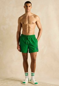 Bărbat fără cămașă stând împotriva unui perete bej, purtând pantaloni scurți verzi, șosete albe cu dungi verzi și sandale albe cu catarame.