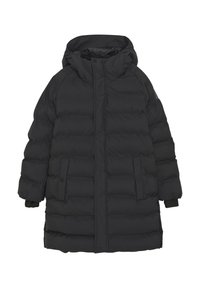 Svart puffjacka med huva, med vadderad design, framfickor och elastiska ärmslut. Slät textur med medellång skärning.