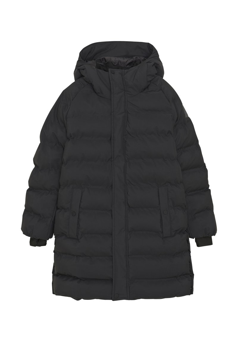 Svart puffjacka med huva, med vadderad design, framfickor och elastiska ärmslut. Slät textur med medellång skärning.